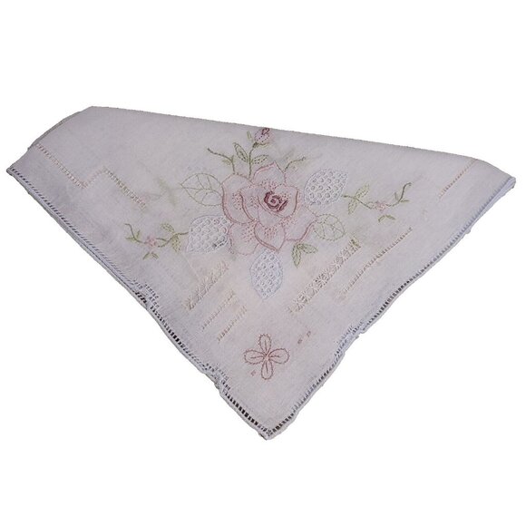 Vintage Dainty 12" Handkerchief Embroidered Pink Flowers Lattice Lace - Picture 1 of 7